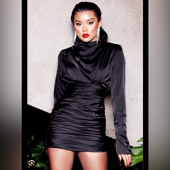 🆕HOUSE OF CB GIORGIANA BLACK SATIN RUCHED MINI DRESS